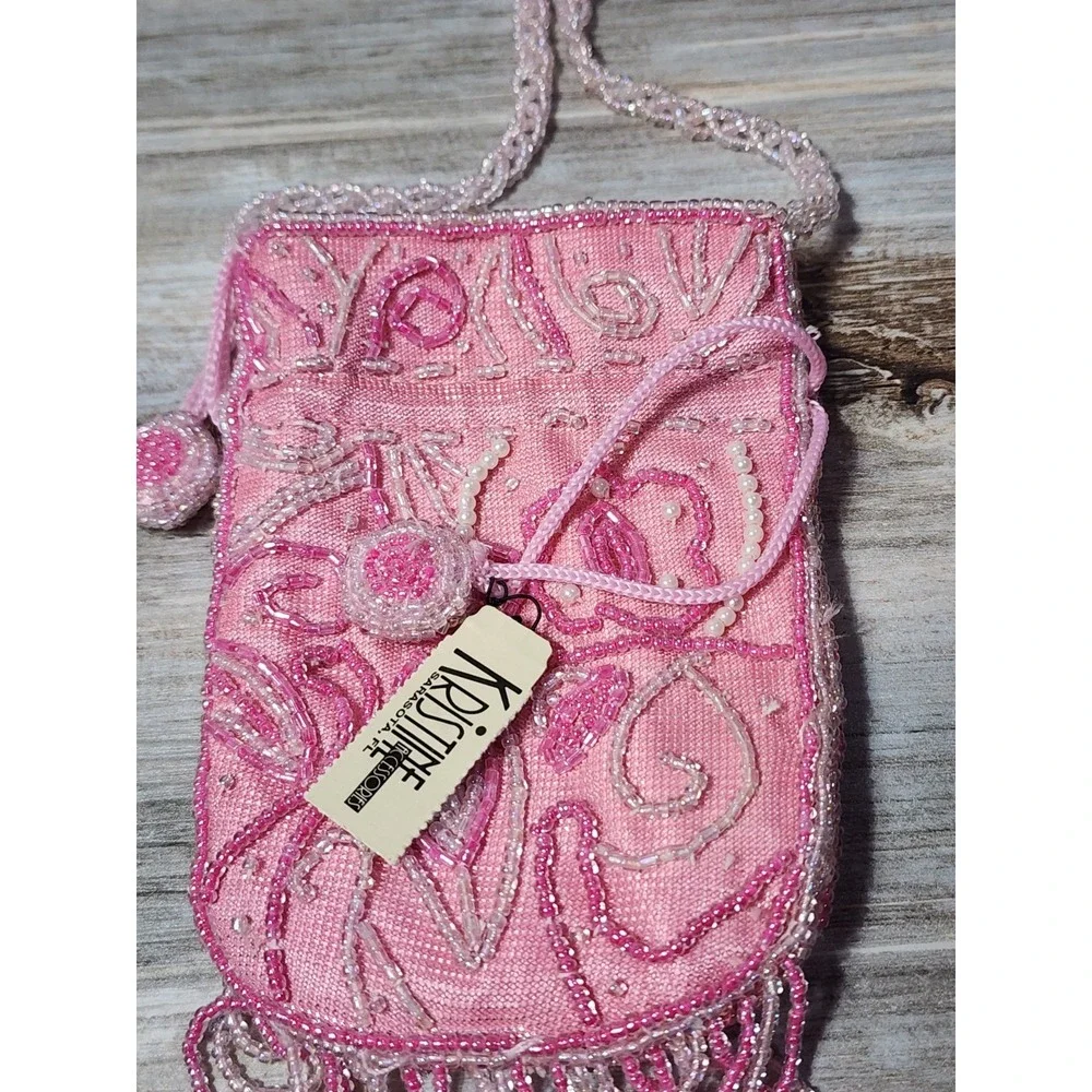 Kristine Hand Beaded Vintage‎ Small Purse With Long Beaded Chain And Synching